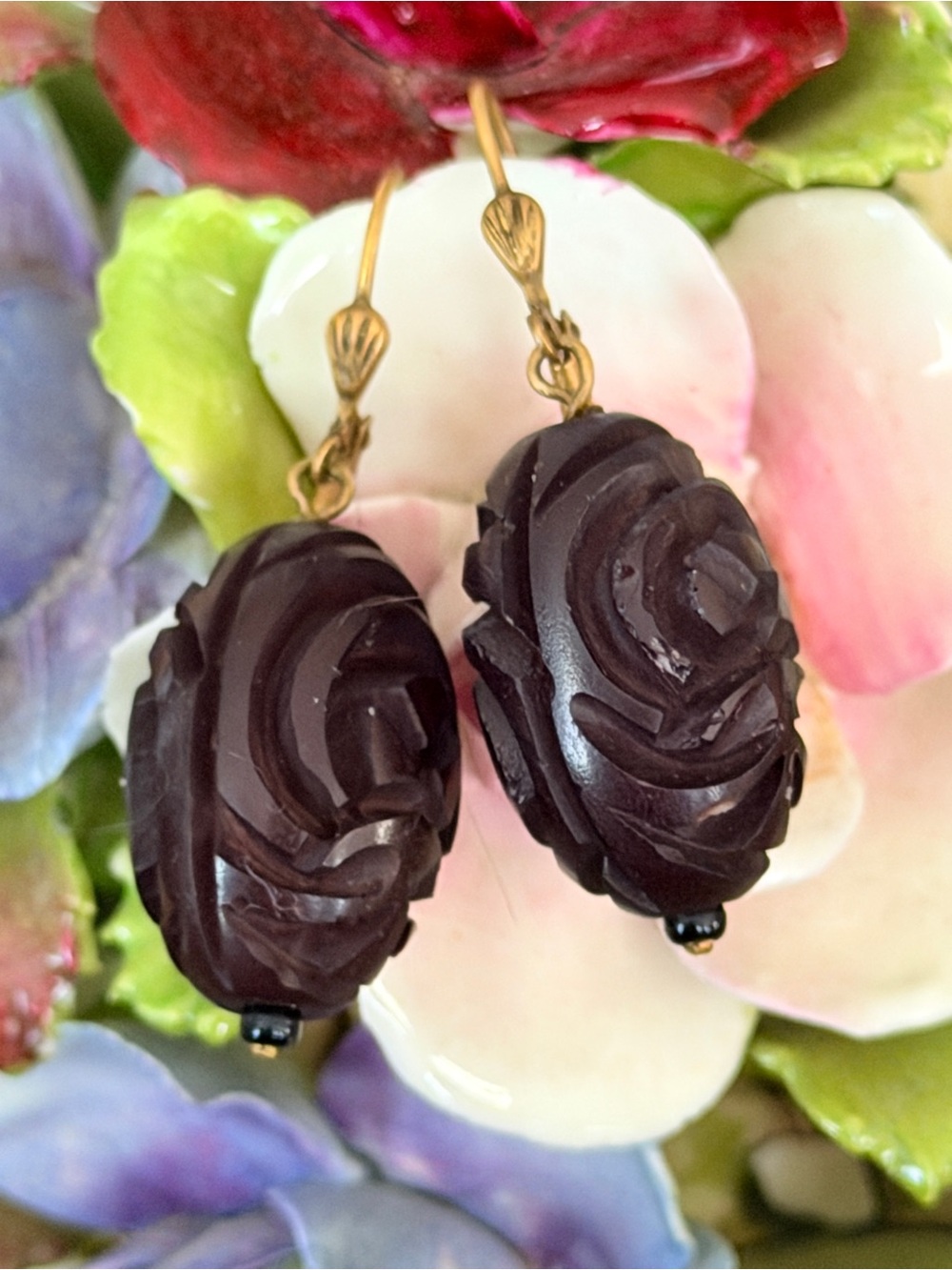Victorian Vulcanite Oval Carved Drop Earrings